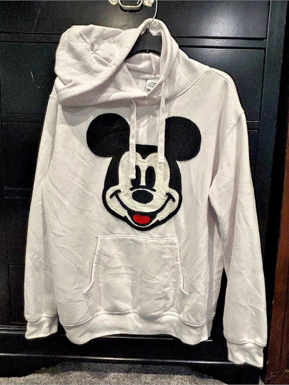 Disney Mickey Mouse White Pullover Hoodie with Textured Crochet Patch Graphic